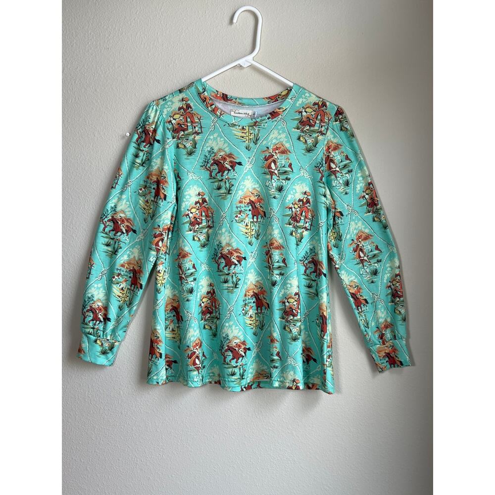 Southern Stitch Western Cowboy Toile Print Long Sleeve Top Turquoise Small